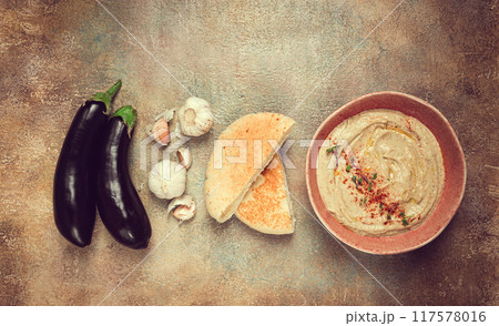 Babaganoush, eggplant appetizer, traditional Lebanese cuisine, homemade, no people, Babaganoush, eggplant appetizer, traditional Lebanese cuisine, homemade, no people, 117578016