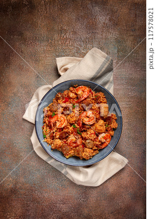 Jambalaya, Creole dish, American pilaf, rice with chicken and shrimp, vegetables, homemade, no people, Jambalaya, Creole dish, American pilaf, rice with chicken and shrimp, vegetables, homemade, no people, 117578021