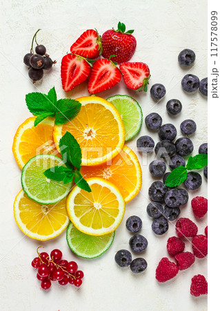 mix of fruits and berries,set, assortment, sliced citrus fruits, raspberries, blueberries, mint leaves, strawberries, red currants, food background, fruit wallpaper, mix of fruits and berries,set, assortment, sliced citrus fruits, raspberries, blueberries, mint leaves, strawberries, red currants, food background, fruit wallpaper, 117578099