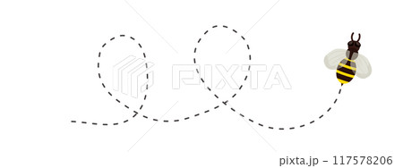 Bee flying doted path, line way. Bumblebee fly route journey for travel. Honey product design, Bee with cute wings. Bee flying doted path, line way. Bumblebee fly route journey for travel. Honey product design, Bee with cute wings. 117578206