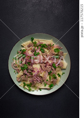 Beshbarmak, Kazakh meat, boiled meat with noodles, Beshbarmak, Kazakh meat, boiled meat with noodles, 117578215