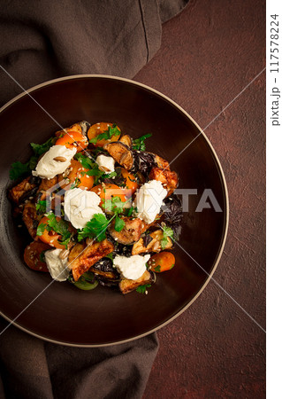 Warm Salad with crispy eggplant and tomatoes, cottage cheese, spices, herbs, sesame seeds, sunflower seeds, Georgian cuisine, no people, 117578224