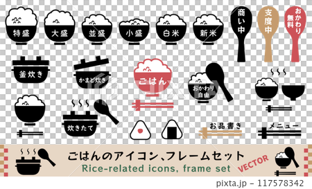 Rice icon, frame set material Vector illustration Rice White rice, rice scoop, extra large, large serving White background Rice icon, frame set material Vector illustration Rice White rice, rice scoop, extra large, large serving White background 117578342