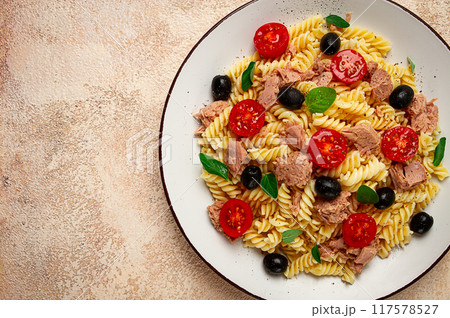 Tuna salad, fusilli pasta, olives and cherry, olive oil, homemade, Tuna salad, fusilli pasta, olives and cherry, olive oil, homemade, 117578527