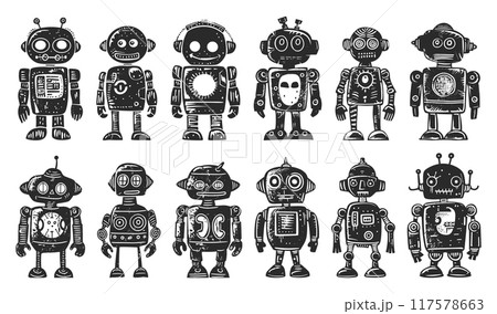 Tiny Robots Icons Block Prints Linocut Print...のイラスト素材 [117578663] - PIXTA