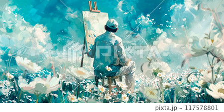 Painter Sits in Front of an Easel in a Field of White Flowers Watercolour Illustration Artist in Nature Floral Landscape Creative Scene Artistic Process Outdoor Studio White 117578801