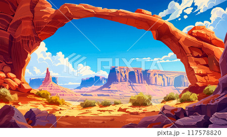 Mesa Arch Panorama Cartoon Illustration Dramatic Landscape Scenic View Vast Desert Panoramic Vista Arched Rock Formation Canyon Background Mesa Arch Panorama Cartoon Illustration Dramatic Landscape Scenic View Vast Desert Panoramic Vista Arched Rock Formation Canyon Background 117578820
