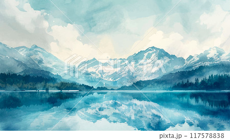 Lake with Snowcapped Mountains Watercolour Illustration Scenic Mountain Lake Snow-Covered Peaks Reflective Water Serene Landscape Alpine View Winter Wonderland Nature Beauty 117578838