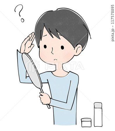 ヘアケア用品で悩む若い男性のイラスト ヘアケア用品で悩む若い男性のイラスト 117578895