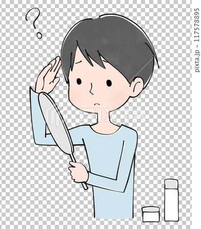 ヘアケア用品で悩む若い男性のイラスト ヘアケア用品で悩む若い男性のイラスト 117578895