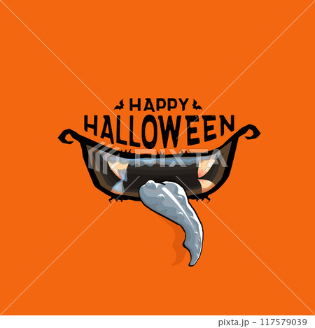 Vector Happy Halloween greeting card and poster with funny monster mouth. Cartoon vampire and zombie fangs. Cartoon funny zombie monster open mouth with drooling green slime and text 117579039
