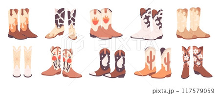 Cartoon cowboy boots. Stylish boot with floral ethnic ornaments. Fashion unisex shoes, traditional wild west style accessories, racy vector set 117579059