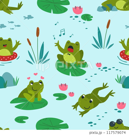 Frogs seamless pattern. Cute cartoon toads and swamp plants. Print design for children fabric, wrapping, wallpaper. Vibrant classy vector background 117579074