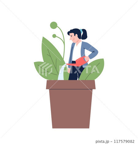 Self growth. Female business character in plant pot watering herself. Personal improvement and development, professional recent vector scene Self growth. Female business character in plant pot watering herself. Personal improvement and development, professional recent vector scene 117579082