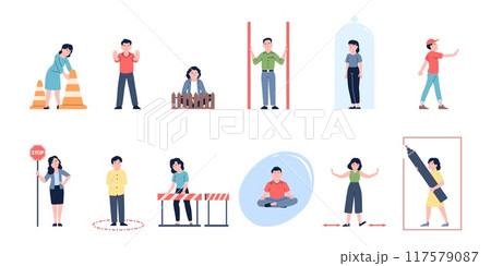 Personal boundaries. Introvert people doing private space and privacy. Self protect and access limit, self safe and safe zone, recent vector scenes Personal boundaries. Introvert people doing private space and privacy. Self protect and access limit, self safe and safe zone, recent vector scenes 117579087