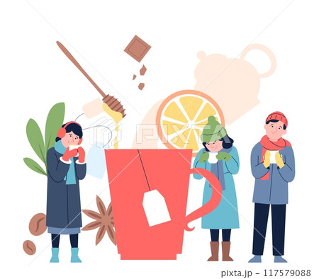People with hot drinks. Young adults drinking tea coffee or chocolate on street. Winter autumn seasonal market beverages with spices, recent vector scene People with hot drinks. Young adults drinking tea coffee or chocolate on street. Winter autumn seasonal market beverages with spices, recent vector scene 117579088