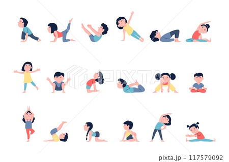 Children doing yoga. Pilates workout, kids sport training. Child stang different asana, kindergarten sporty lesson. Flat activity recent vector set Children doing yoga. Pilates workout, kids sport training. Child stang different asana, kindergarten sporty lesson. Flat activity recent vector set 117579092