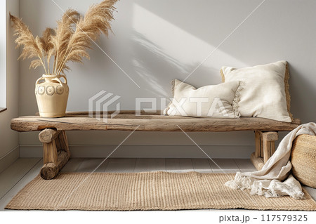 Scandinavian Farmhouse with Wooden Bench by the Window and Grey Wall Interior Design 117579325