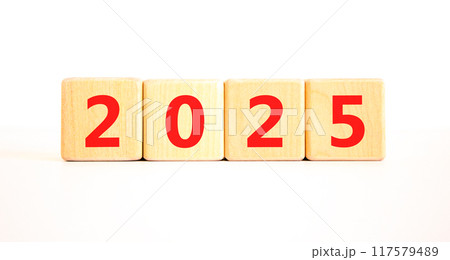 Business concept of 2025 new year symbol. Beautiful wooden cubes with number 2025 Happy new year. Beautiful white table white background, copy space. Business 2025 happy new year concept. 117579489