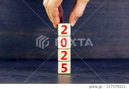 Business concept of 2025 new year symbol. Beautiful wooden cubes with number 2025 Happy new year. Businessman hand. Beautiful black background, copy space. Business 2025 happy new year concept. 117579521