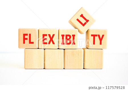 Flexibility symbol. Concept word Flexibility on beautiful wooden blocks. Beautiful white background. Business flexibility concept. Copy space. 117579528
