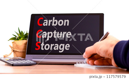 CCS Carbon capture storage symbol. Concept words CCS Carbon capture storage on beautiful black tablet. Beautiful white background. Business ecological Carbon capture storage concept. Copy space. CCS Carbon capture storage symbol. Concept words CCS Carbon capture storage on beautiful black tablet. Beautiful white background. Business ecological Carbon capture storage concept. Copy space. 117579579