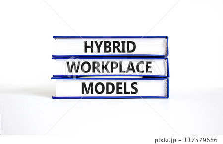 Hybrid workplace models and support symbol. Concept words Hybrid workplace models on books. Beautiful white table white background. Business and Hybrid workplace models quote concept. Copy space Hybrid workplace models and support symbol. Concept words Hybrid workplace models on books. Beautiful white table white background. Business and Hybrid workplace models quote concept. Copy space 117579686