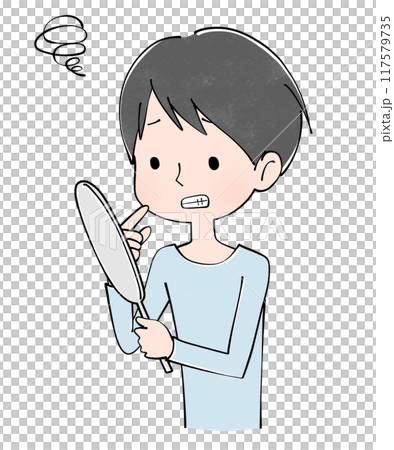 Illustration of a young man looking at his teeth in a hand mirror and making a troubled face 117579735