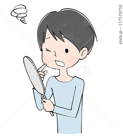 口の中を見て困った顔をする若い男性のイラスト 117579738