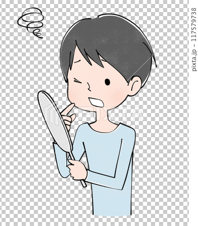 口の中を見て困った顔をする若い男性のイラスト 117579738