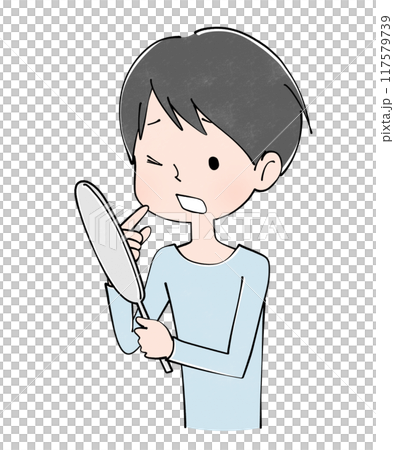 Illustration of a young man looking into his mouth and making a troubled face 117579739