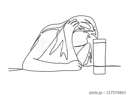 Drunk woman sitting at a table. One line drawing vector illustration. Drunk woman sitting at a table. One line drawing vector illustration. 117579863