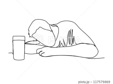 Drunk man sitting at a table. One line drawing vector illustration. Drunk man sitting at a table. One line drawing vector illustration. 117579869