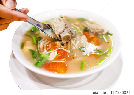 Top view of Thai Pork Ribs Spicy Soup, focus selective 117580021