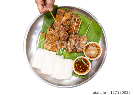 Top view of Skewer spicy pock and chicken grill, focus selective 117580025