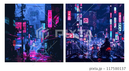 Night Tokyo cyberpunk. Rain street with people cars traffic, motorcyclist in urban neon lights, glowing japan downtown background modern futuristic city nightlife scene vector illustration 117580137