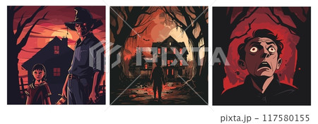 Horror movie posters. Scary film retro poster, halloween cinema festival nightmare spooky movies murder silhouette vintage thriller art cinematography set vector illustration 117580155