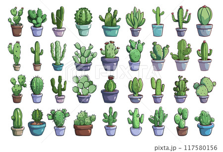 Home cactuses set. Cartoon cactus, desert green plant mexican flora exotic houseplant collection prickly floral decoration botanical wild element thorn leaf nature vector illustration 117580156