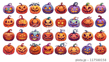Halloween pumpkins set. Horror pumpkin autumn celebration fear symbol spooky lantern holiday decoration smiling jack face grinning facial expression character creepy carving teeth vector illustration 117580158