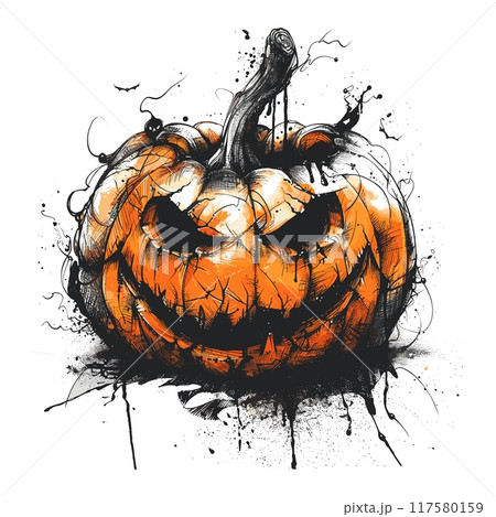 Halloween pumpkin tattoo sketch. Pumpkins jack lantern with spooky face, vintage drawing october fun holiday party evil scary vegetable retro engraving vector illustration 117580159