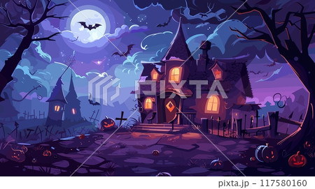 Halloween house cartoon background. Horror haunted mansion night moon with bat creepy pumpkins, decorated home for trick or treat october party scary building vector illustration 117580160