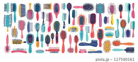 Hairbrush set. Doodle Hairbrushes, hair accessory hairdresser combs barber equipment brush tool professional grooming comb vector illustration 117580161