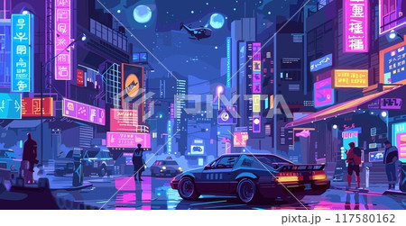 Futuristic city night street. Cyberpunk urban traffic scene, car and people in neon lights fantasy planet future town cartoon panoramic background vector illustration 117580162