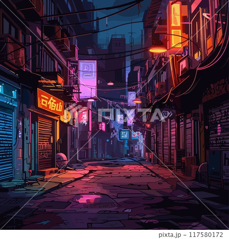 Empty cyberpunk street. Cyber night city poster anime art, glowing lights buildings with hanging wires dark urban sidewalk retro futuristic comic background vector illustration Empty cyberpunk street. Cyber night city poster anime art, glowing lights buildings with hanging wires dark urban sidewalk retro futuristic comic background vector illustration 117580172