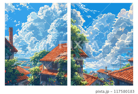 Clouds over roofs. Cumulus sky building old european red roof town landscape horizon outdoor view atmosphere cloudscape vector illustration 117580183