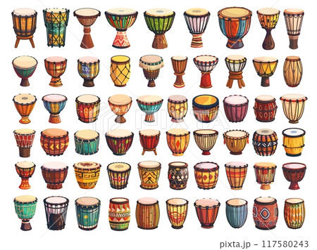 Africans drums. African ethnic musical instrument traditional djembe drum aboriginal ceremonial bongo vector illustrations set 117580243