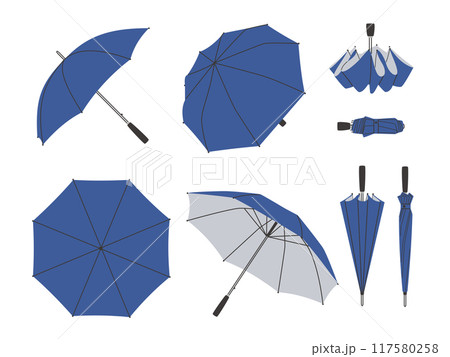 Set of open and folded umbrellas. Protecting accessory for rainy weather Set of open and folded umbrellas. Protecting accessory for rainy weather 117580258