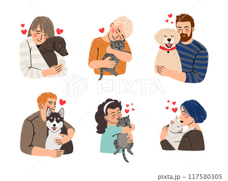 Children love dogs and cats vector on white background. Kids hug puppies. People and pets friendship, happy lifestyle colorful illustration Children love dogs and cats vector on white background. Kids hug puppies. People and pets friendship, happy lifestyle colorful illustration 117580305