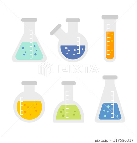 Chemical flasks different shapes with colored liquid set cartoon flat illustration. Vector illustration Chemical flasks different shapes with colored liquid set cartoon flat illustration. Vector illustration 117580317