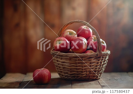 A wicker basket filled with a variety of fresh, colorful apples 117580437